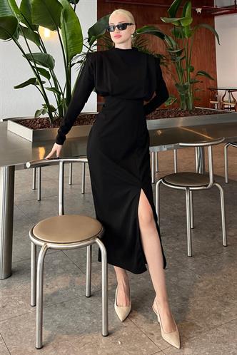 Siyah Vatkalı Uzun Kemerli Elbise MG2223