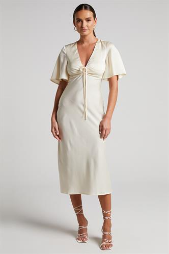 Bej Midi Boy Kısa Kollu Saten Elbise MG2013