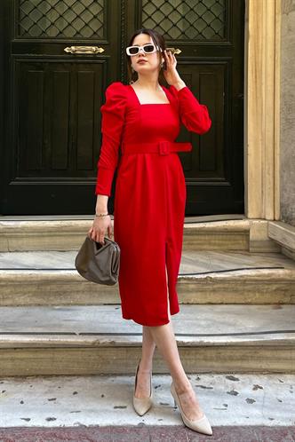 Kırmızı Karpuz Kol Kare Yaka Kalem Elbise MG2046