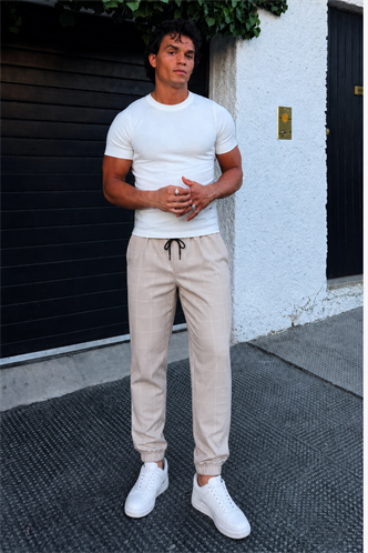 Madmext Cream Checked Trousers Mad4081
