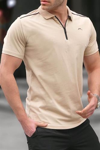 Erkek Bej Basic Fermuarlı Polo Tişört 6076
