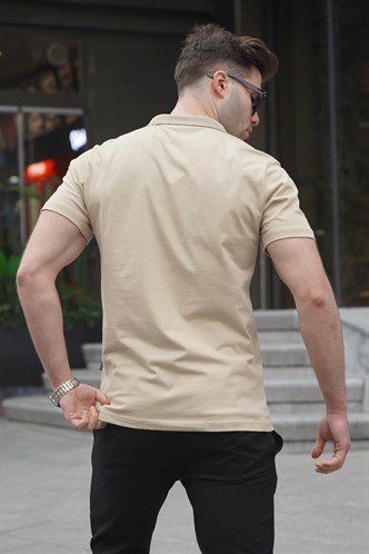 Erkek Bej Basic Fermuarlı Polo Tişört 6076