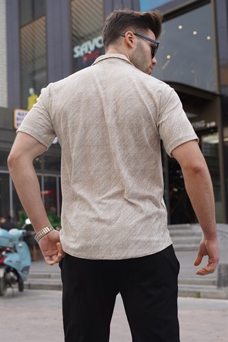 Erkek Bej Klasik Yaka Regular Fit Kısa Kollu Gömlek 5583