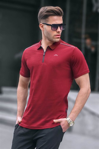 Erkek Bordo Basic Fermuarlı Polo Tişört 6076