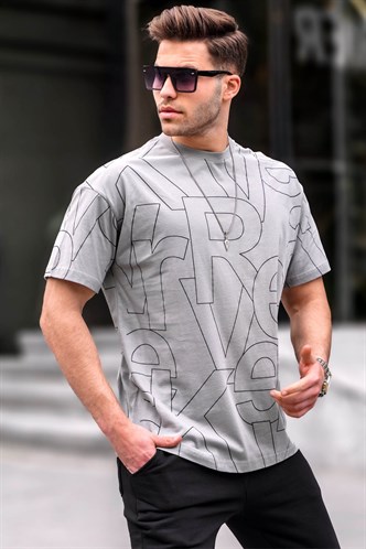 Erkek Boyalı Gri Harf Desenli Bisiklet Yaka  Tişört 6061