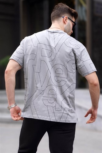 Erkek Boyalı Gri Harf Desenli Bisiklet Yaka  Tişört 6061