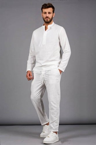Erkek Ekru Keten Relaxed Fit Gömlek Pantolon Takımı 6365