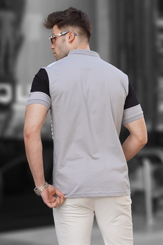 Erkek Boyalı Gri Polo Yaka Çizgili Tişört 5865