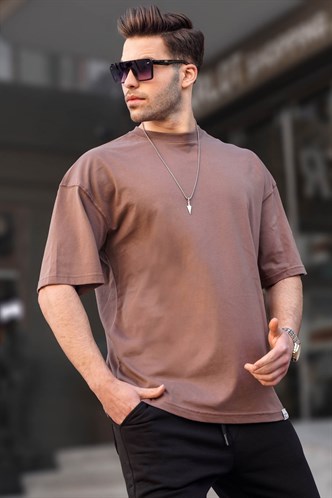 Erkek Kahverengi Oversize Fit Basic Tişört 6066