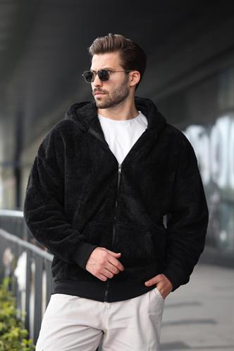 Siyah Peluş Over Fit Kapüşonlu Fermuarlı Erkek Sweatshirt 6049