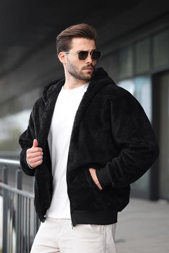 Siyah Peluş Over Fit Kapüşonlu Fermuarlı Erkek Sweatshirt 6049