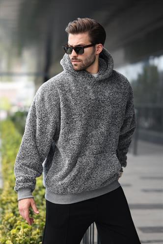 Gri Peluş Kapüşonlu Erkek Sweatshirt 6050