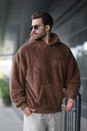 Kahverengi Peluş Kapüşonlu Erkek Sweatshirt 6050