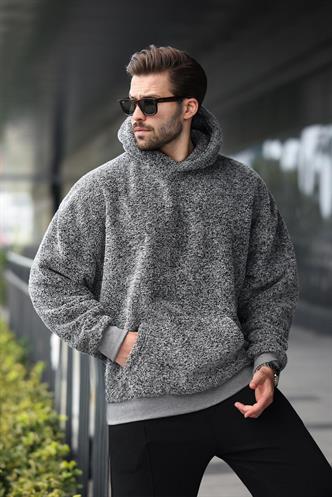 Gri Peluş Kapüşonlu Erkek Sweatshirt 6050