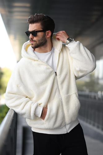 Ekru Peluş Over Fit Kapüşonlu Fermuarlı Erkek Sweatshirt 6049