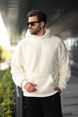 Ekru Peluş Kapüşonlu Erkek Sweatshirt 6050