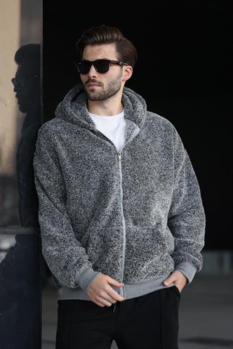 Gri Peluş Over Fit Kapüşonlu Fermuarlı Erkek Sweatshirt 6049