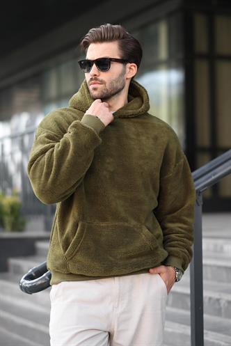 Haki Peluş Kapüşonlu Erkek Sweatshirt 6050