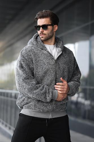 Gri Peluş Over Fit Kapüşonlu Fermuarlı Erkek Sweatshirt 6049