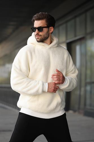 Ekru Peluş Kapüşonlu Erkek Sweatshirt 6050
