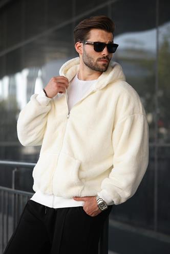 Ekru Peluş Over Fit Kapüşonlu Fermuarlı Erkek Sweatshirt 6049