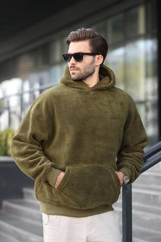 Haki Peluş Kapüşonlu Erkek Sweatshirt 6050