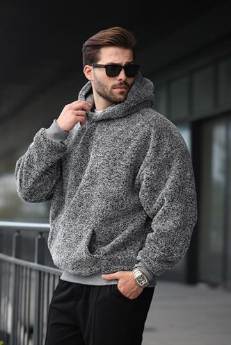 Gri Peluş Kapüşonlu Erkek Sweatshirt 6050