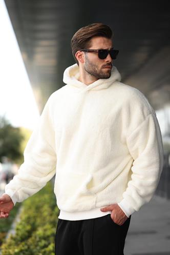 Ekru Peluş Kapüşonlu Erkek Sweatshirt 6050