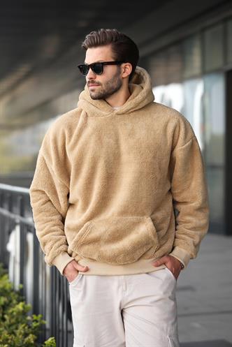 Bej Peluş Kapüşonlu Erkek Sweatshirt 6050