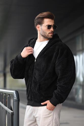 Siyah Peluş Over Fit Kapüşonlu Fermuarlı Erkek Sweatshirt 6049