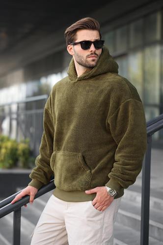 Haki Peluş Kapüşonlu Erkek Sweatshirt 6050