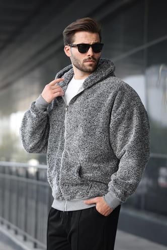 Gri Peluş Over Fit Kapüşonlu Fermuarlı Erkek Sweatshirt 6049