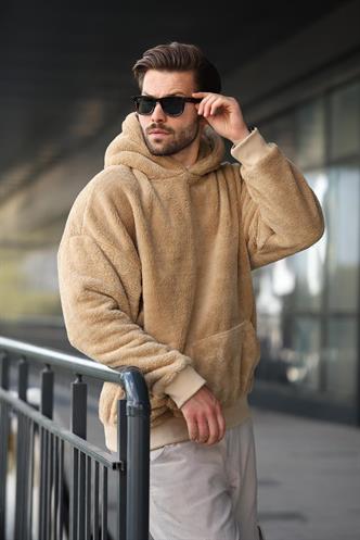 Bej Peluş Kapüşonlu Erkek Sweatshirt 6050