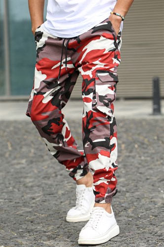 Petite Red Camo Paint Splatter Cargo Trousers  PrettyLittleThing