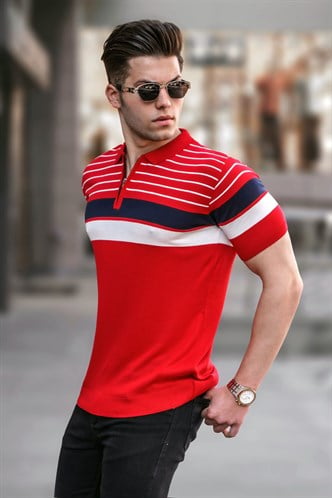 Erkek Kırmızı Polo Yaka Fermuarlı Tişört 5732