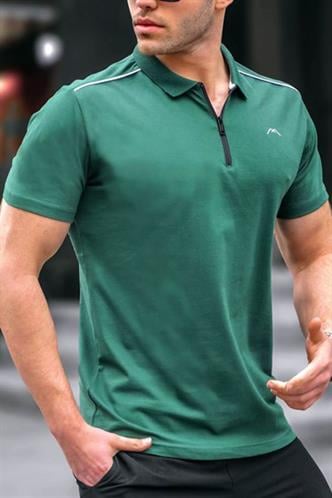 Erkek Koyu Yeşil Basic Fermuarlı Polo Tişört 6076