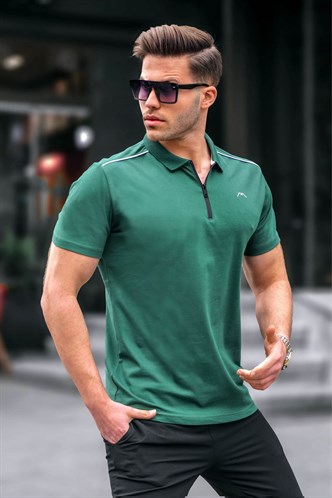 Erkek Koyu Yeşil Basic Fermuarlı Polo Tişört 6076