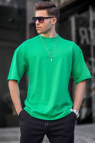 Erkek Parlak Yeşil Oversize Fit Basic Tişört 6066