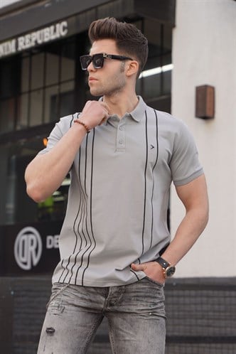 Erkek Polo Yaka Boyalı Gri Tişört 5822