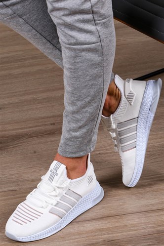 Erkek Şeritli Beyaz Sneaker MS027