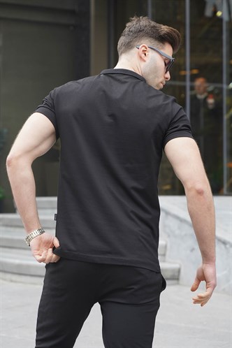 Erkek Siyah Basic Fermuarlı Polo Tişört 6076