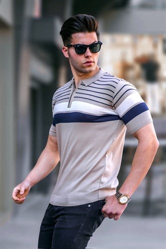 Erkek Vizon Polo Yaka Fermuarlı Tişört 5732