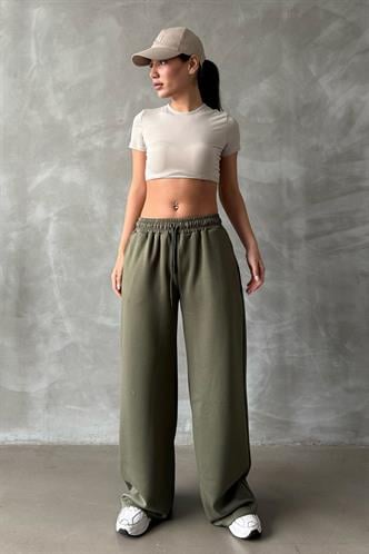 Haki  Ayarlanabilir Bel Bol Paça Rahat Kesim Basic Kadın Eşofman Altı MG2122