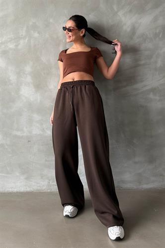 Kahverengi  Yumuşak Dokulu Palazzo Jogger Kadın Eşofman Altı MG2122
