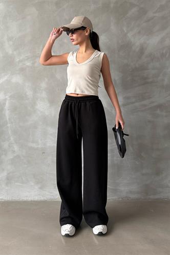 Siyah Ayarlanabilir Bel Bol Paça Rahat Kesim Basic Kadın Eşofman Altı MG2122