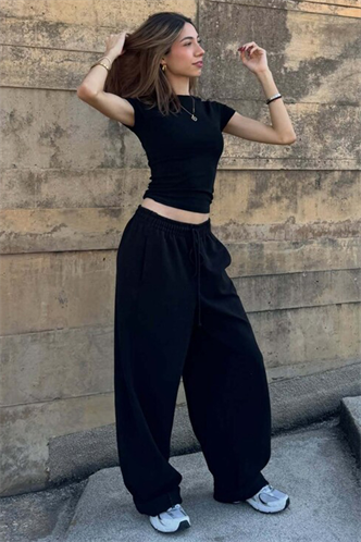 Siyah Stoperli Barrel Fit Şardonlu Kadın Eşofman Altı MG2687