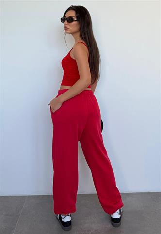 Kırmızı Paçası Manşetli Cepli Kadın Eşofman Altı Mg2540