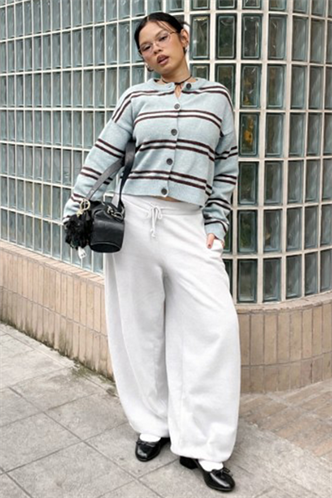 Beyaz Stoperli Barrel Fit Şardonlu Kadın Eşofman Altı MG2687