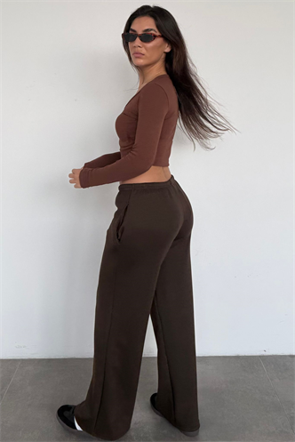 Kahverengi Geniş Paça Barrel Fit Eşofman Altı MG2646