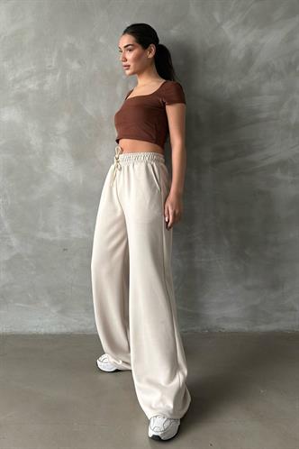Bej  Ayarlanabilir Bel Bol Paça Rahat Kesim Basic Kadın Eşofman Altı MG2122